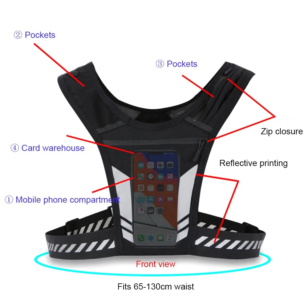 Reflective vest for running, walking, exercising, general training, for men and women, 01 piece with adjustable strap and pocket for keys, cell phone and compartment for water bottle.