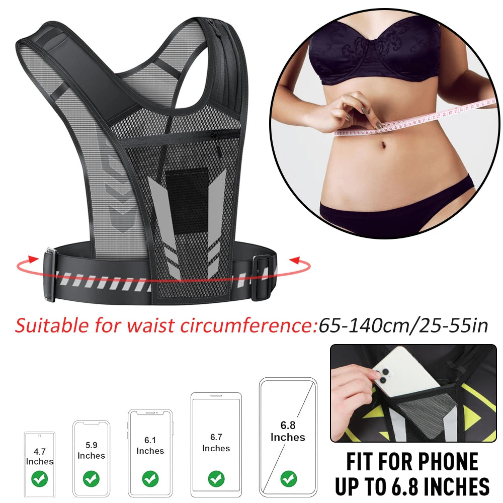 Reflective vest for running, walking, exercising, general training, for men and women, 01 piece with adjustable strap and pocket for keys, cell phone and compartment for water bottle.