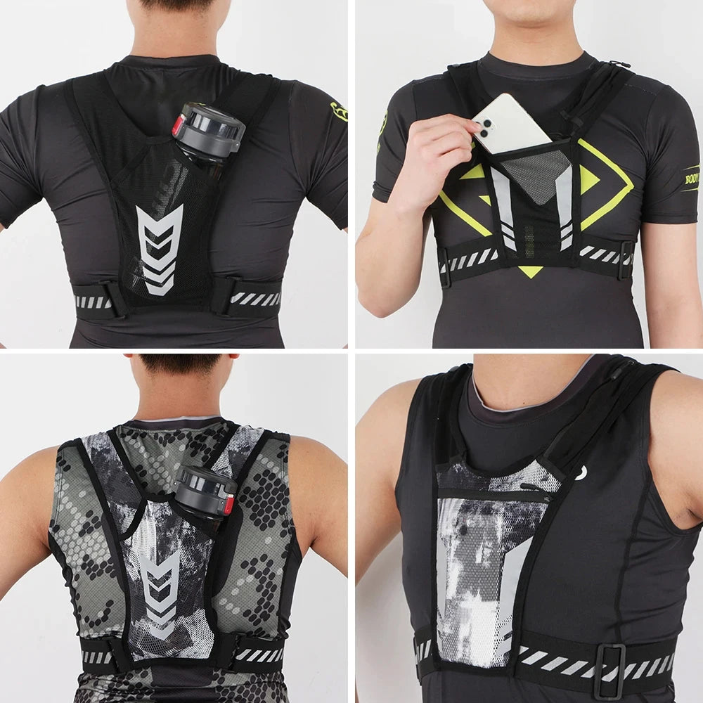 Reflective vest for running, walking, exercising, general training, for men and women, 01 piece with adjustable strap and pocket for keys, cell phone and compartment for water bottle.