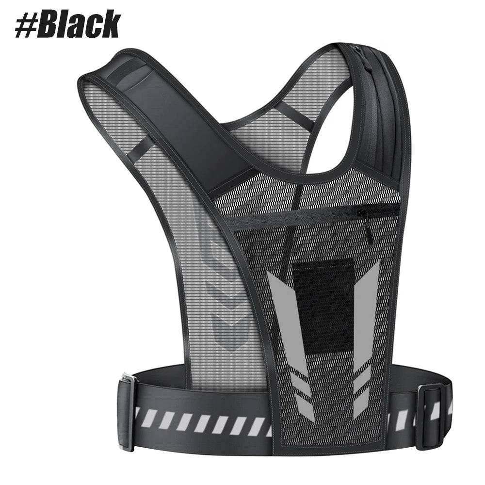 Reflective vest for running, walking, exercising, general training, for men and women, 01 piece with adjustable strap and pocket for keys, cell phone and compartment for water bottle.