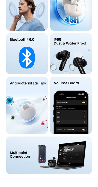 Edifier X5 Pro – Bluetooth Earbuds with 48dB ANC, Powerful Sound, 48h Battery Life, IP55 and Low Latency for Gaming