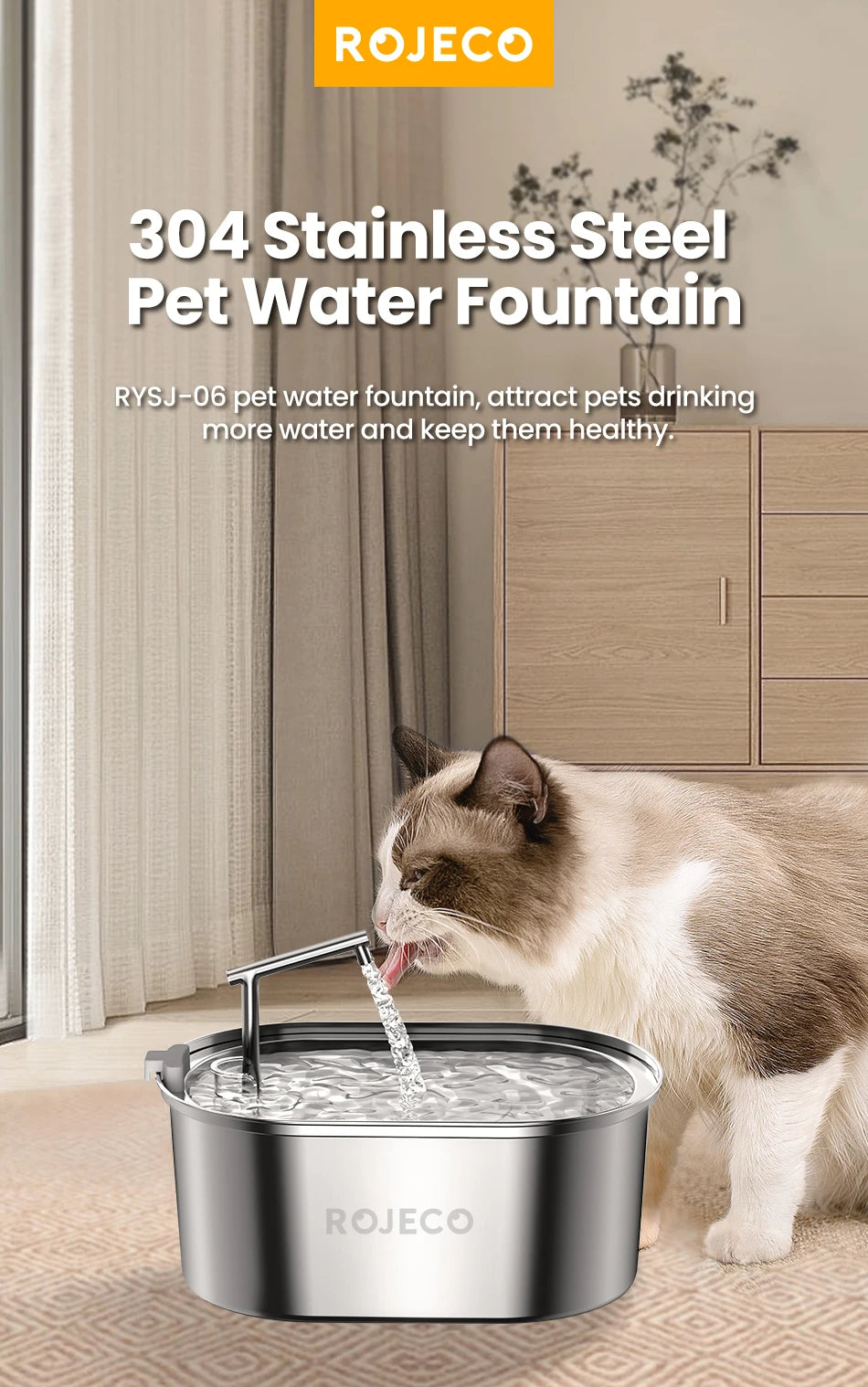 ROJECO Premium Stainless Steel Pet Water Fountain – Automatic Drinking Dispenser for Cats & Dogs