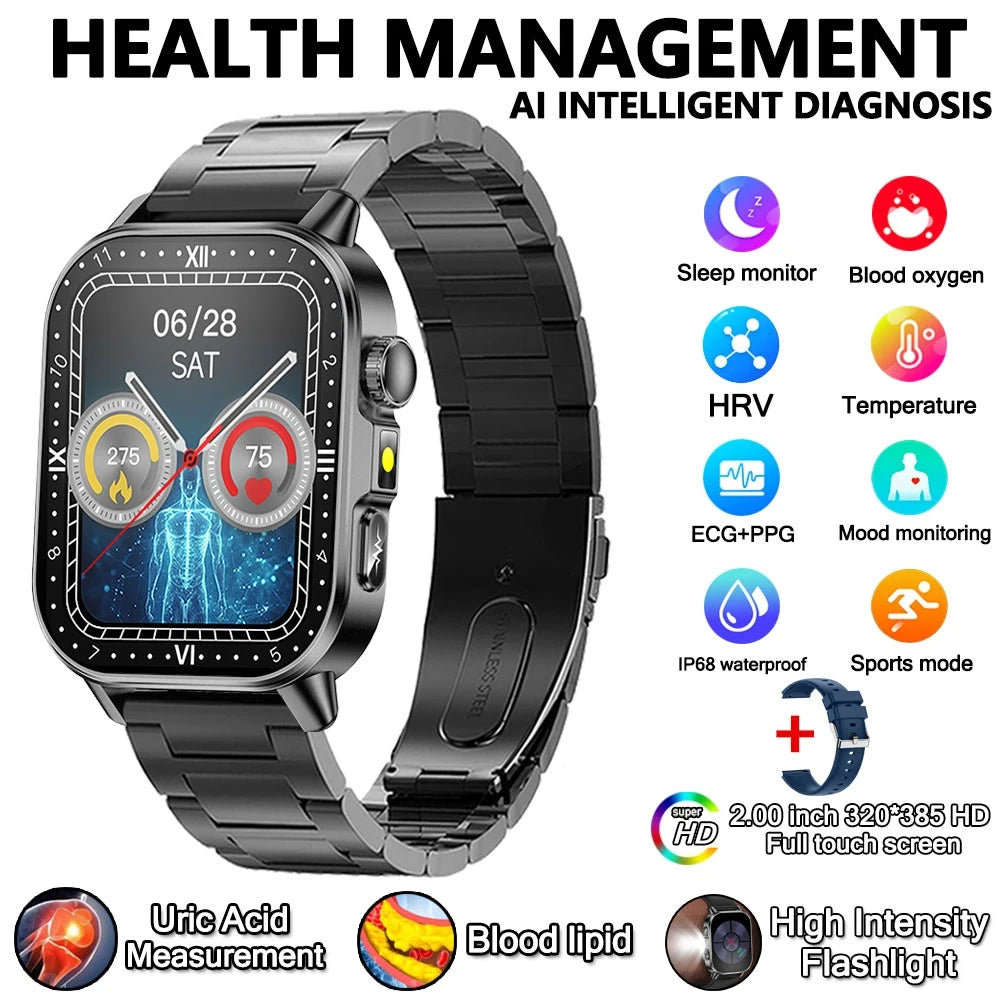 2026 Advanced ECG Smartwatch with Bluetooth Call – Uric Acid & Lipid Health Monitor, 2.01" Screen, Built-in Flashlight, Unisex Fitness Watch