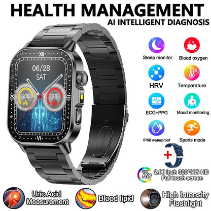 2026 Advanced ECG Smartwatch with Bluetooth Call – Uric Acid & Lipid Health Monitor, 2.01" Screen, Built-in Flashlight, Unisex Fitness Watch