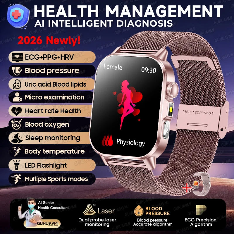 2026 Pro Health Smart Watch – ECG, PPG & Blood Pressure Monitor, Body Analysis, Lipid & Uric Acid Tracker, Unisex Fitness Smartwatch