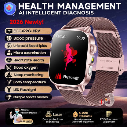 2026 Pro Health Smart Watch – ECG, PPG & Blood Pressure Monitor, Body Analysis, Lipid & Uric Acid Tracker, Unisex Fitness Smartwatch