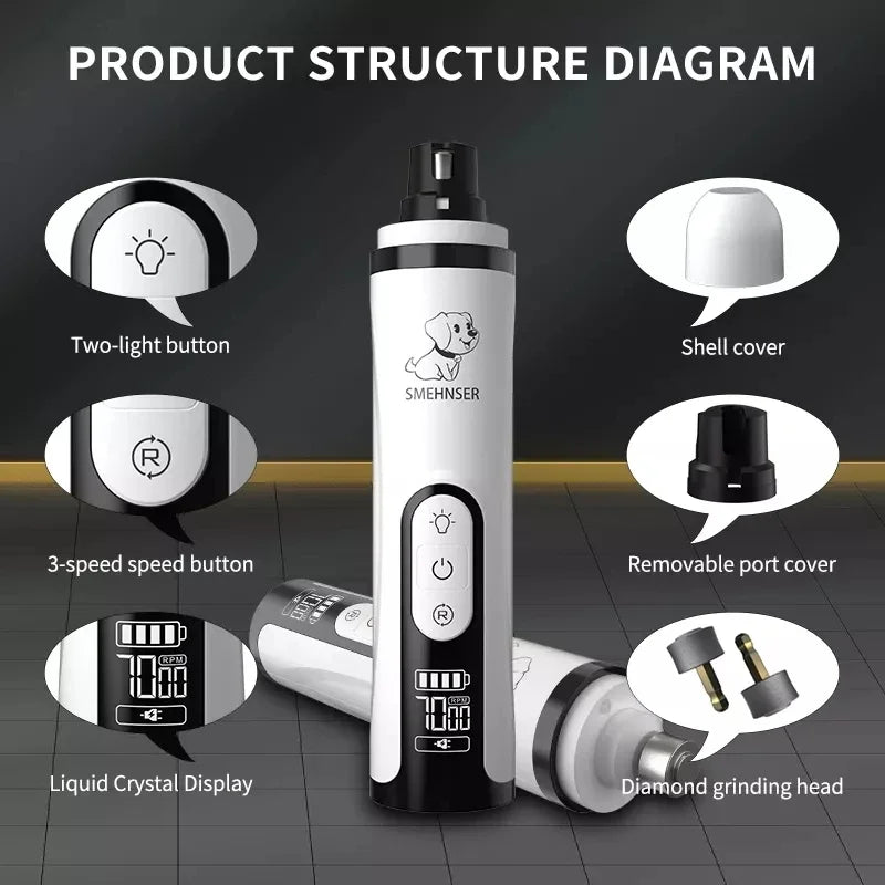 USB Rechargeable Pet Nail Trimmer with LED Light – Electric Nail Grinder for Cats & Dogs