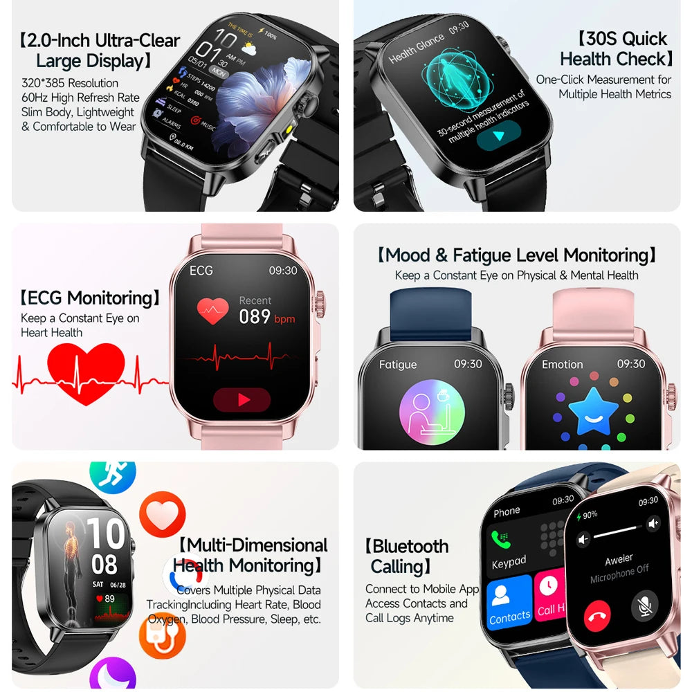 2026 Advanced ECG Smartwatch with Bluetooth Call – Uric Acid & Lipid Health Monitor, 2.01" Screen, Built-in Flashlight, Unisex Fitness Watch