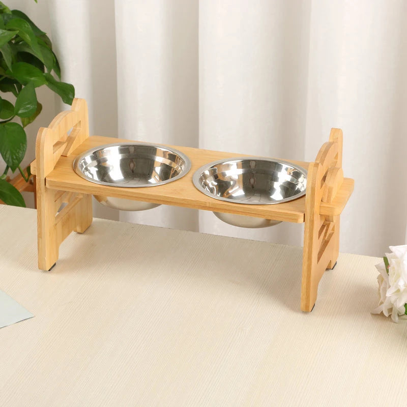 PawsBalance Adjustable Bamboo Feeder with Stainless Bowls