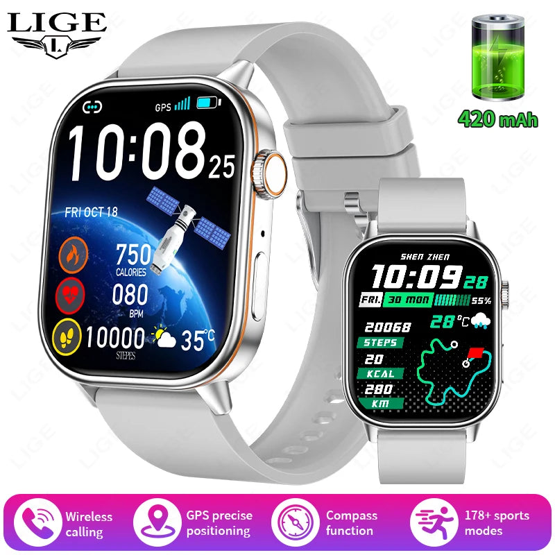 LIGE 2026 Unisex GPS Smart Watch – 2.01" HD Touchscreen, Bluetooth Calling, Fitness & Heart Rate Tracker, IP68 Waterproof for Android/iOS