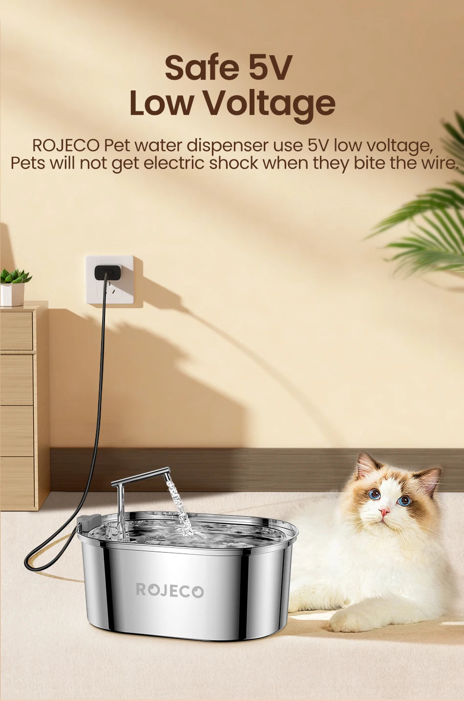 ROJECO Premium Stainless Steel Pet Water Fountain – Automatic Drinking Dispenser for Cats & Dogs