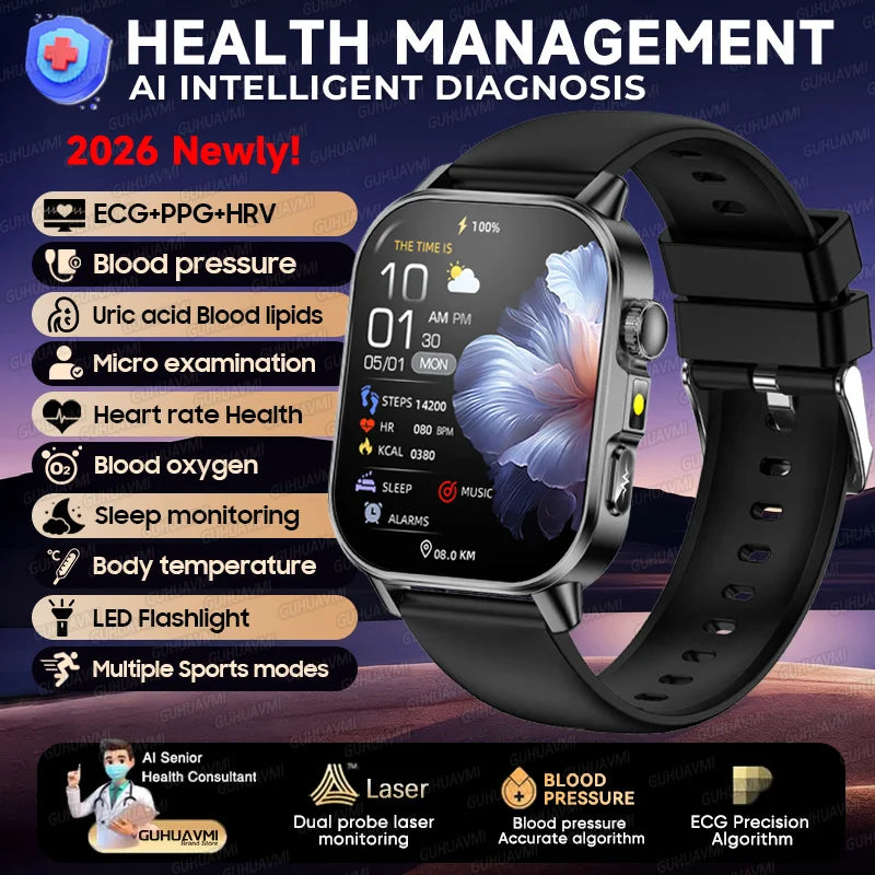 2026 Pro Health Smart Watch – ECG, PPG & Blood Pressure Monitor, Body Analysis, Lipid & Uric Acid Tracker, Unisex Fitness Smartwatch