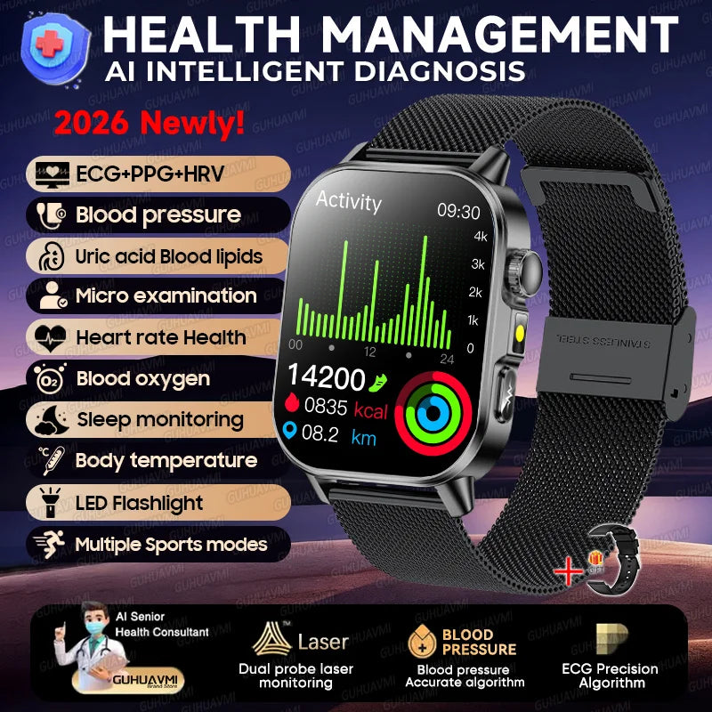 2026 Pro Health Smart Watch – ECG, PPG & Blood Pressure Monitor, Body Analysis, Lipid & Uric Acid Tracker, Unisex Fitness Smartwatch