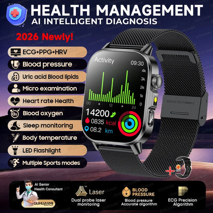 2026 Pro Health Smart Watch – ECG, PPG & Blood Pressure Monitor, Body Analysis, Lipid & Uric Acid Tracker, Unisex Fitness Smartwatch