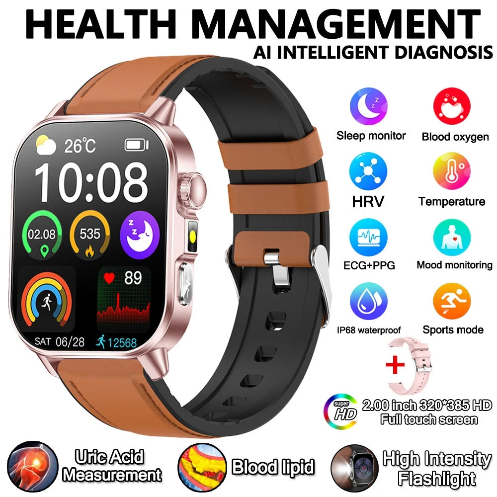 2026 Advanced ECG Smartwatch with Bluetooth Call – Uric Acid & Lipid Health Monitor, 2.01" Screen, Built-in Flashlight, Unisex Fitness Watch