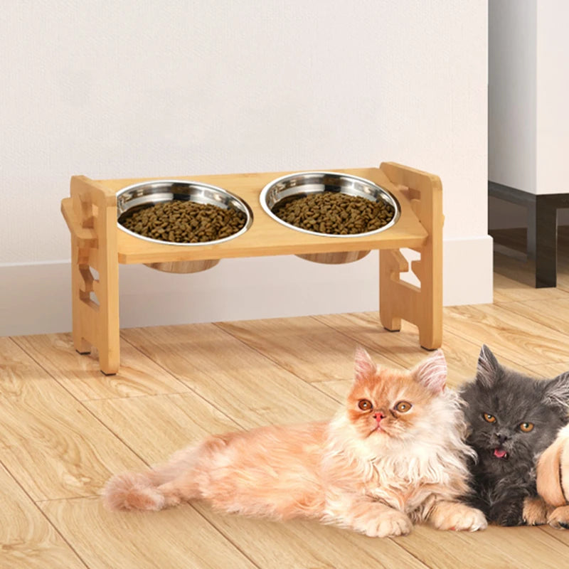 PawsBalance Adjustable Bamboo Feeder with Stainless Bowls