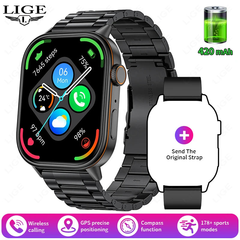 LIGE 2026 Unisex GPS Smart Watch – 2.01" HD Touchscreen, Bluetooth Calling, Fitness & Heart Rate Tracker, IP68 Waterproof for Android/iOS