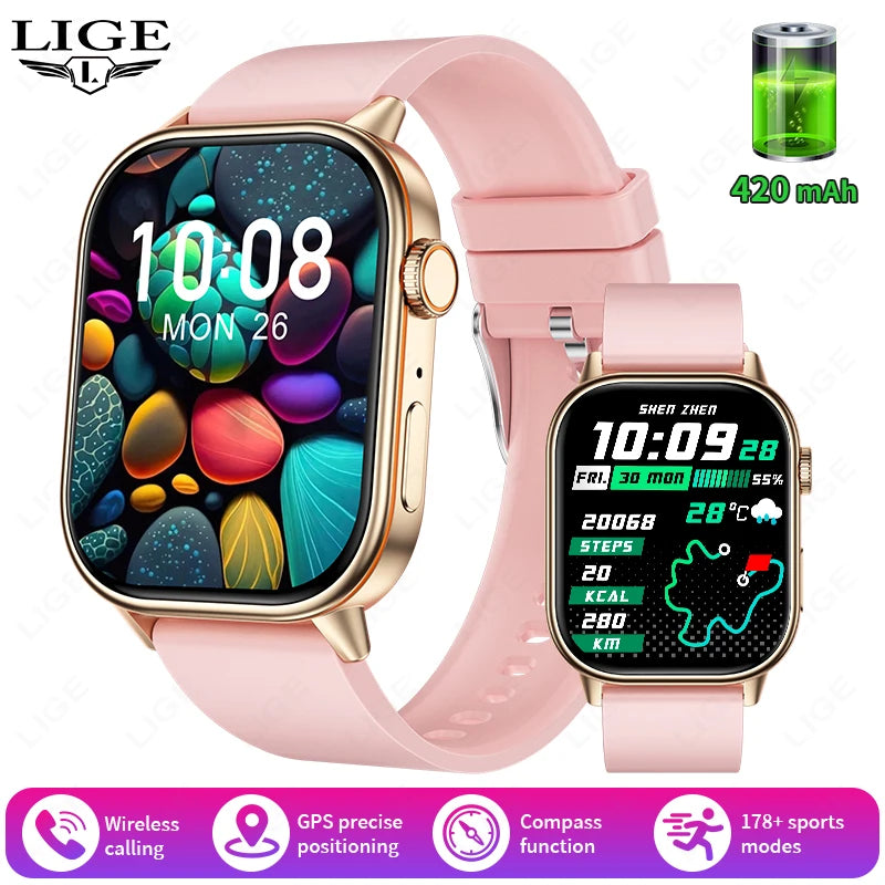 LIGE 2026 Unisex GPS Smart Watch – 2.01" HD Touchscreen, Bluetooth Calling, Fitness & Heart Rate Tracker, IP68 Waterproof for Android/iOS