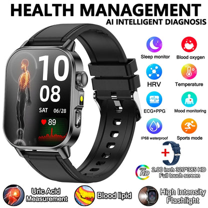 2026 Advanced ECG Smartwatch with Bluetooth Call – Uric Acid & Lipid Health Monitor, 2.01" Screen, Built-in Flashlight, Unisex Fitness Watch