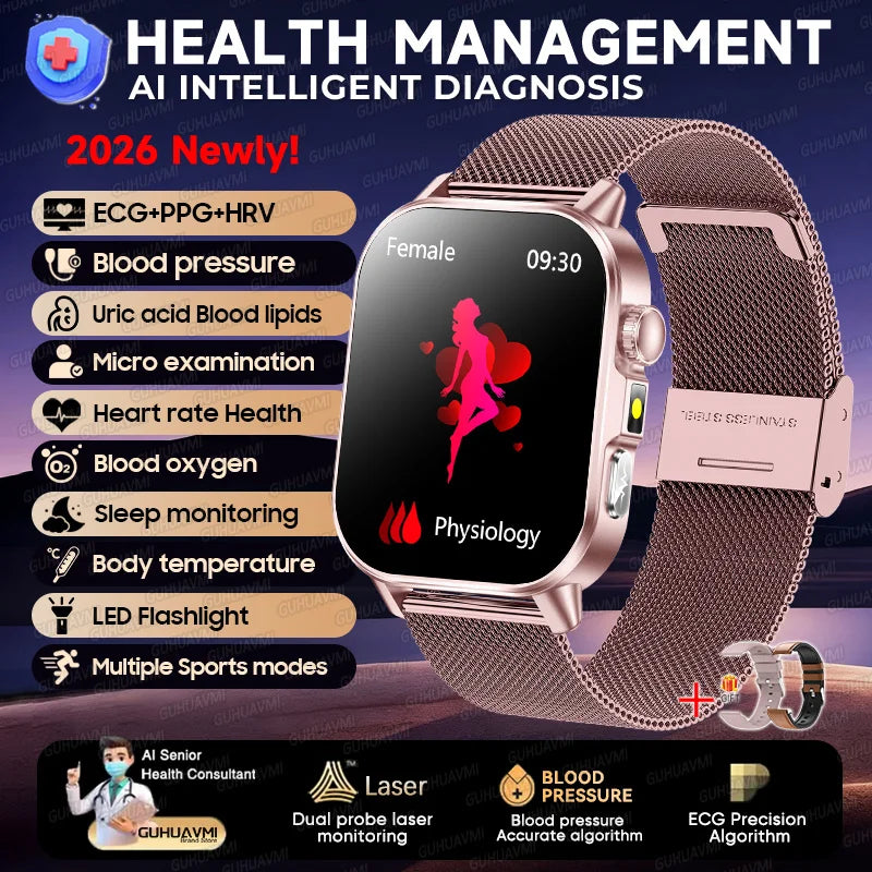 2026 Pro Health Smart Watch – ECG, PPG & Blood Pressure Monitor, Body Analysis, Lipid & Uric Acid Tracker, Unisex Fitness Smartwatch
