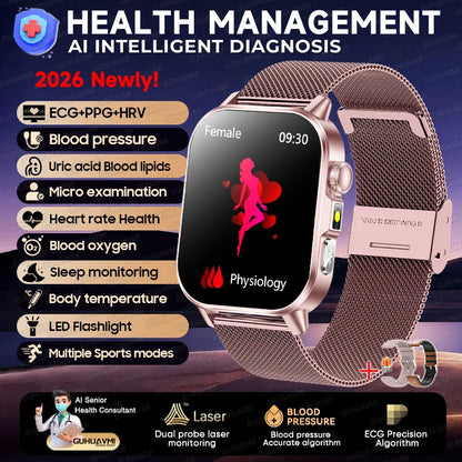 2026 Pro Health Smart Watch – ECG, PPG & Blood Pressure Monitor, Body Analysis, Lipid & Uric Acid Tracker, Unisex Fitness Smartwatch