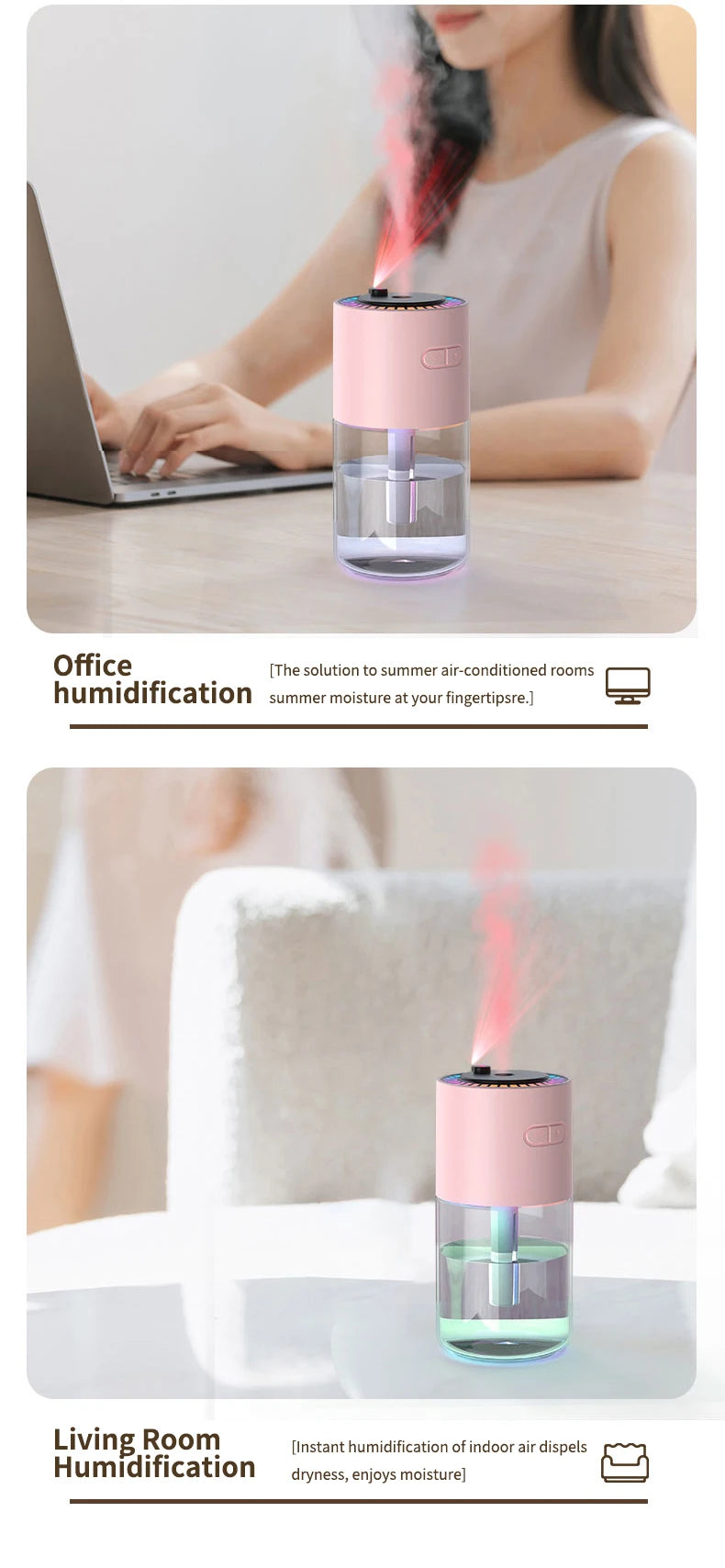 Humidificador giratorio AirGlow con luz LED ambiental y puerto USB