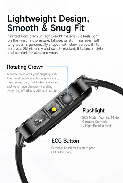 2026 Advanced ECG Smartwatch with Bluetooth Call – Uric Acid & Lipid Health Monitor, 2.01" Screen, Built-in Flashlight, Unisex Fitness Watch