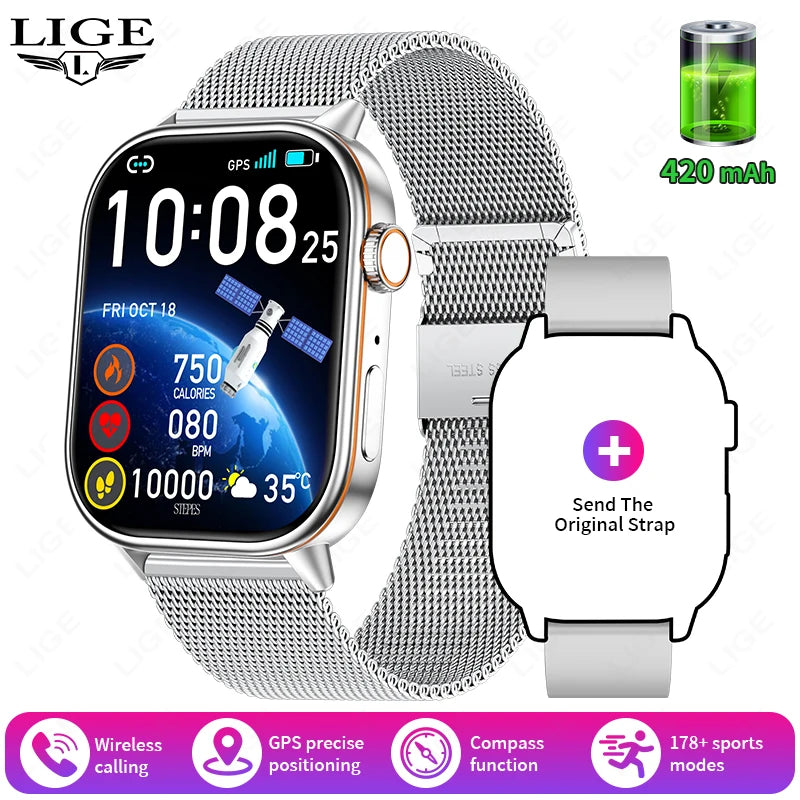 LIGE 2026 Unisex GPS Smart Watch – 2.01" HD Touchscreen, Bluetooth Calling, Fitness & Heart Rate Tracker, IP68 Waterproof for Android/iOS