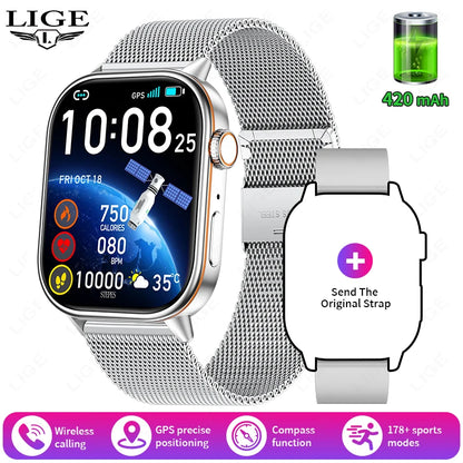 LIGE 2026 Unisex GPS Smart Watch – 2.01" HD Touchscreen, Bluetooth Calling, Fitness & Heart Rate Tracker, IP68 Waterproof for Android/iOS