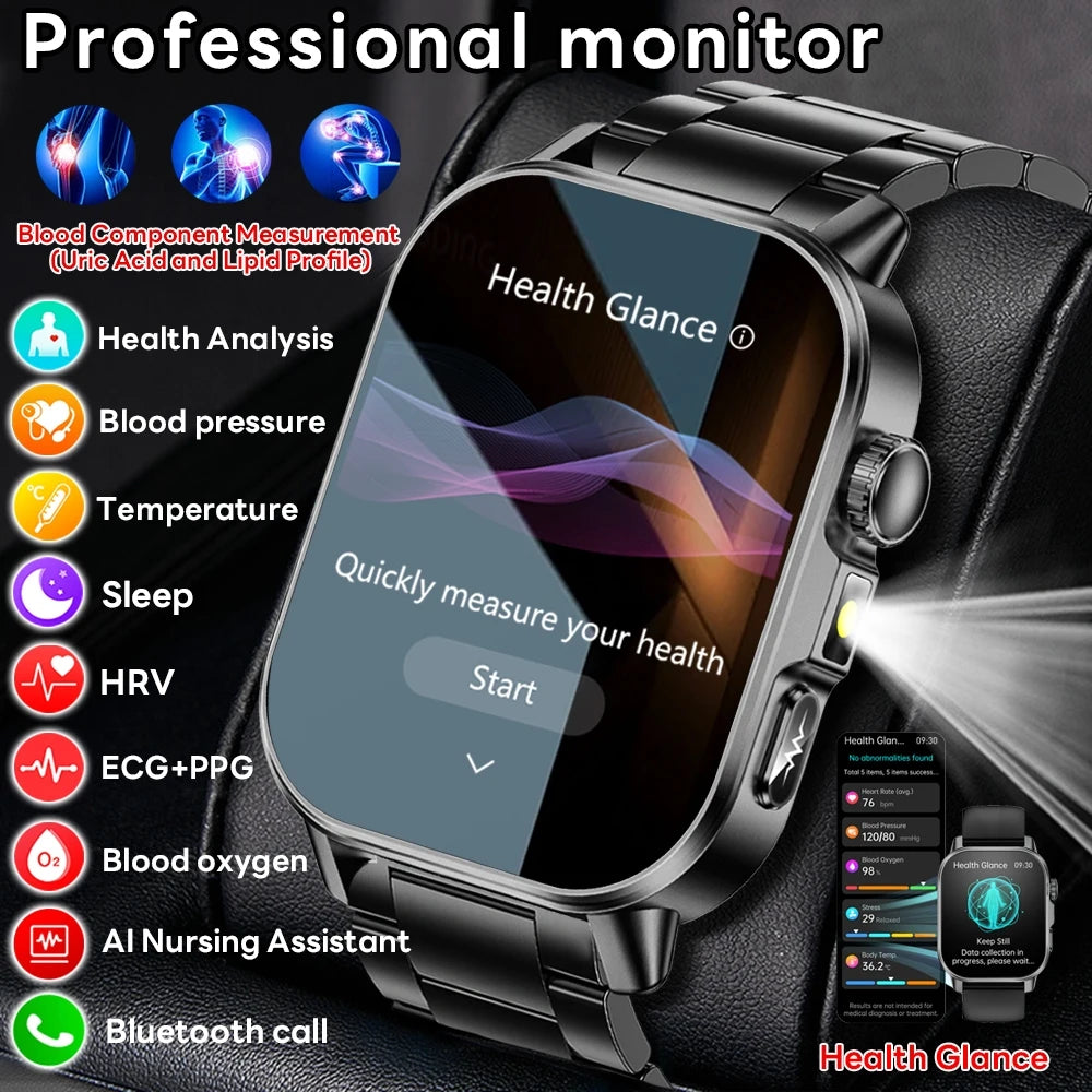 2026 Advanced ECG Smartwatch with Bluetooth Call – Uric Acid & Lipid Health Monitor, 2.01" Screen, Built-in Flashlight, Unisex Fitness Watch
