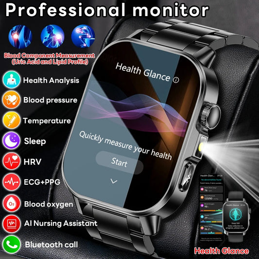 2026 Advanced ECG Smartwatch with Bluetooth Call – Uric Acid & Lipid Health Monitor, 2.01" Screen, Built-in Flashlight, Unisex Fitness Watch