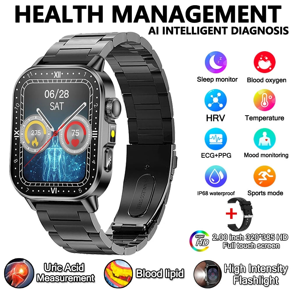2026 Advanced ECG Smartwatch with Bluetooth Call – Uric Acid & Lipid Health Monitor, 2.01" Screen, Built-in Flashlight, Unisex Fitness Watch
