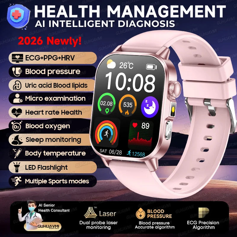 2026 Pro Health Smart Watch – ECG, PPG & Blood Pressure Monitor, Body Analysis, Lipid & Uric Acid Tracker, Unisex Fitness Smartwatch
