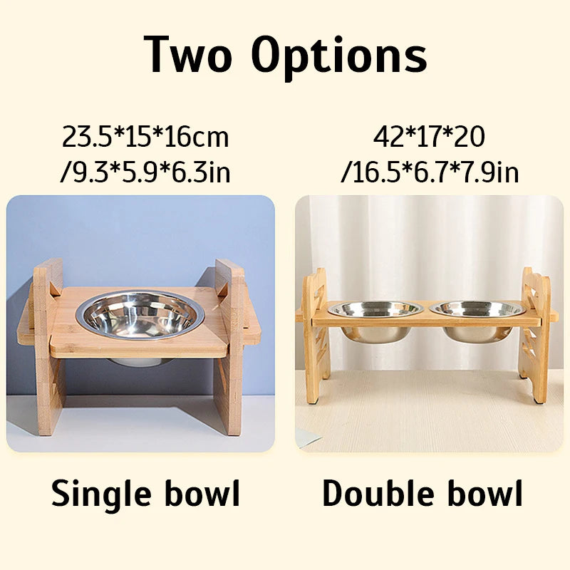 PawsBalance Adjustable Bamboo Feeder with Stainless Bowls