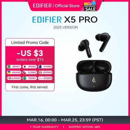 Edifier X5 Pro – Bluetooth Earbuds with 48dB ANC, Powerful Sound, 48h Battery Life, IP55 and Low Latency for Gaming