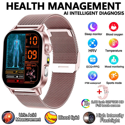 2026 Advanced ECG Smartwatch with Bluetooth Call – Uric Acid & Lipid Health Monitor, 2.01" Screen, Built-in Flashlight, Unisex Fitness Watch