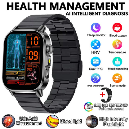 2026 Advanced ECG Smartwatch with Bluetooth Call – Uric Acid & Lipid Health Monitor, 2.01" Screen, Built-in Flashlight, Unisex Fitness Watch