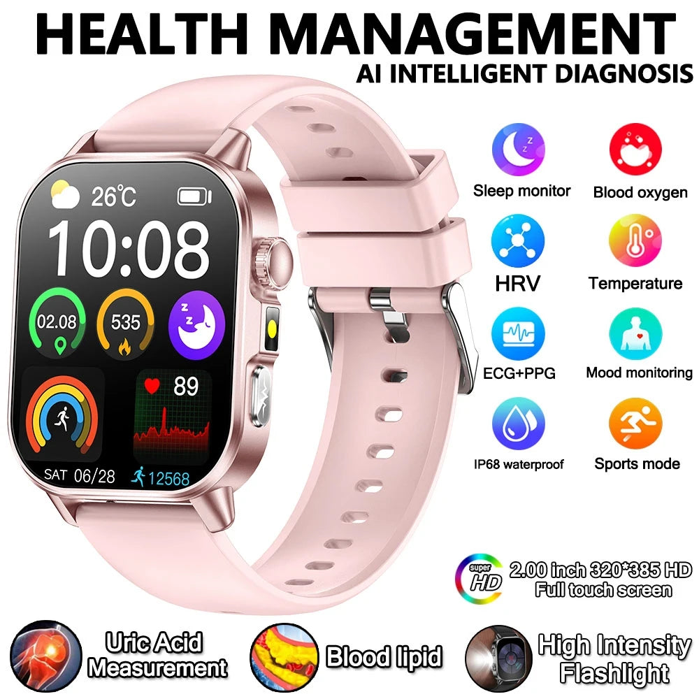 2026 Advanced ECG Smartwatch with Bluetooth Call – Uric Acid & Lipid Health Monitor, 2.01" Screen, Built-in Flashlight, Unisex Fitness Watch