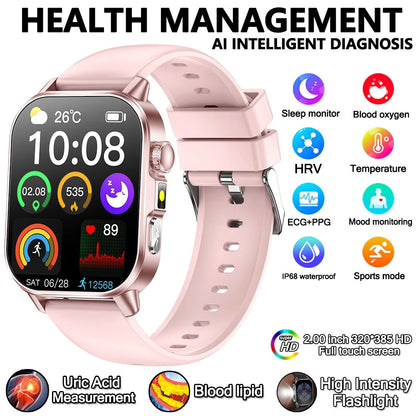 2026 Advanced ECG Smartwatch with Bluetooth Call – Uric Acid & Lipid Health Monitor, 2.01" Screen, Built-in Flashlight, Unisex Fitness Watch