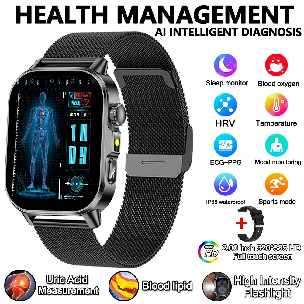 2026 Advanced ECG Smartwatch with Bluetooth Call – Uric Acid & Lipid Health Monitor, 2.01" Screen, Built-in Flashlight, Unisex Fitness Watch