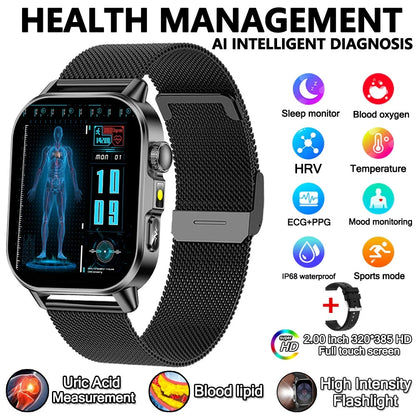 2026 Advanced ECG Smartwatch with Bluetooth Call – Uric Acid & Lipid Health Monitor, 2.01" Screen, Built-in Flashlight, Unisex Fitness Watch