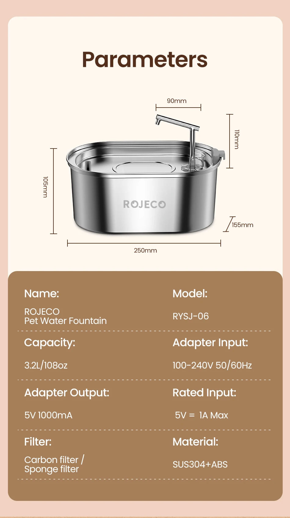 ROJECO Premium Stainless Steel Pet Water Fountain – Automatic Drinking Dispenser for Cats & Dogs
