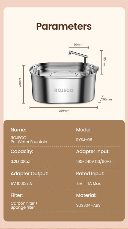 ROJECO Premium Stainless Steel Pet Water Fountain – Automatic Drinking Dispenser for Cats & Dogs