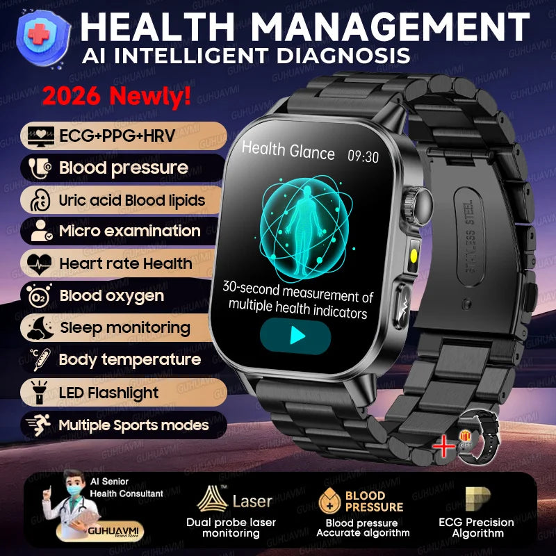 2026 Pro Health Smart Watch – ECG, PPG & Blood Pressure Monitor, Body Analysis, Lipid & Uric Acid Tracker, Unisex Fitness Smartwatch
