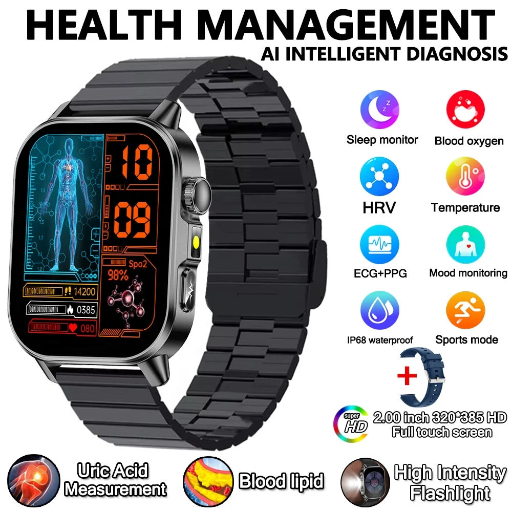 2026 Advanced ECG Smartwatch with Bluetooth Call – Uric Acid & Lipid Health Monitor, 2.01" Screen, Built-in Flashlight, Unisex Fitness Watch