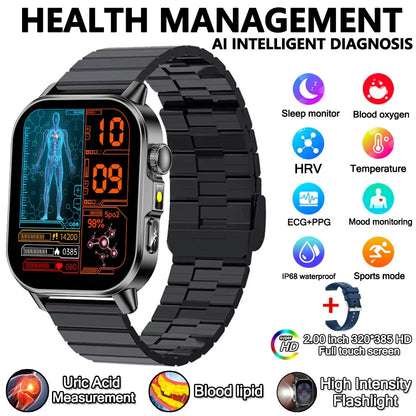 2026 Advanced ECG Smartwatch with Bluetooth Call – Uric Acid & Lipid Health Monitor, 2.01" Screen, Built-in Flashlight, Unisex Fitness Watch