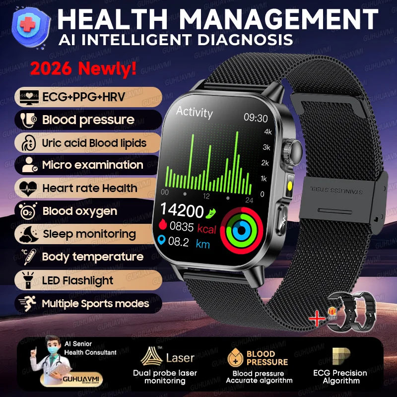 2026 Pro Health Smart Watch – ECG, PPG & Blood Pressure Monitor, Body Analysis, Lipid & Uric Acid Tracker, Unisex Fitness Smartwatch