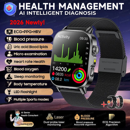 2026 Pro Health Smart Watch – ECG, PPG & Blood Pressure Monitor, Body Analysis, Lipid & Uric Acid Tracker, Unisex Fitness Smartwatch
