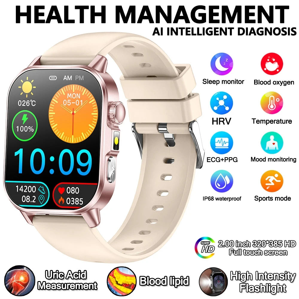 2026 Advanced ECG Smartwatch with Bluetooth Call – Uric Acid & Lipid Health Monitor, 2.01" Screen, Built-in Flashlight, Unisex Fitness Watch