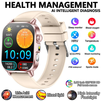 2026 Advanced ECG Smartwatch with Bluetooth Call – Uric Acid & Lipid Health Monitor, 2.01" Screen, Built-in Flashlight, Unisex Fitness Watch